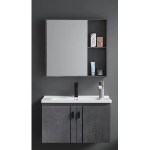 Grey Wood Bathroom Vanity with Sink, 80 cm, Unique Design with Mirror & Medicine Cabinet Grey Wood Bathroom Vanity with Sink, 80 cm, Unique Design with Mirror & Medicine Cabinet