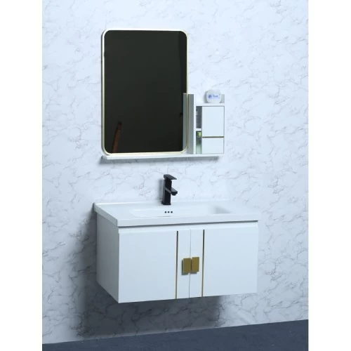 White Wood Bathroom Vanity, Width 80 cm, Simple Design with Mirror and Medicine Cabinet White Wood Bathroom Vanity, Width 80 cm, Simple Design with Mirror and Medicine Cabinet