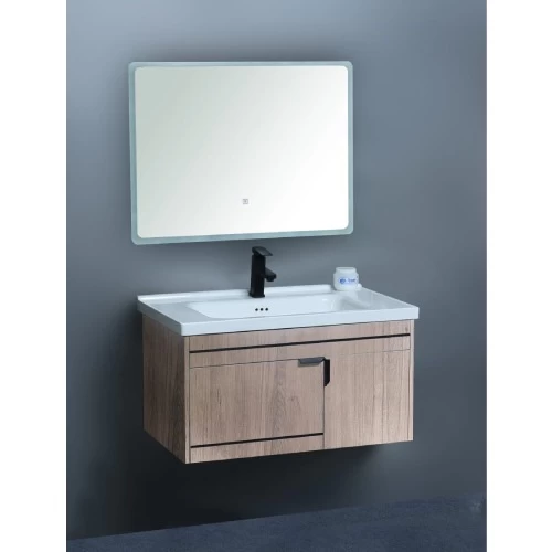 Brown Wood Color Sink with Cabinet, Width 60 cm, Modern Design with LED Mirror Brown Wood Color Sink with Cabinet, Width 60 cm, Modern Design with LED Mirror