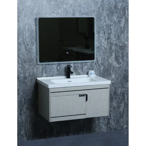 Grey Wood Bathroom Unit, Size 80 cm, Stylish Design with LED Mirror Grey Wood Bathroom Unit, Size 80 cm, Stylish Design with LED Mirror