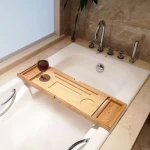 Chinese Wall-Mounted Bathtub Wood Shelf, Wooden Dark Color, 70 × 105 × 22 cm Size