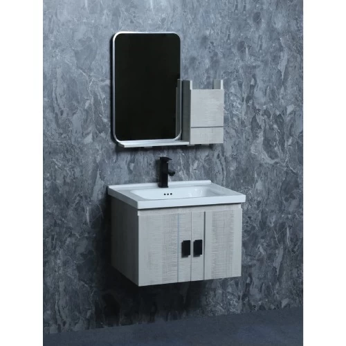 Light Grey Wood Bathroom Vanity, Width 80 cm, Practical Design with Mirror and Medicine Cabinet Light Grey Wood Bathroom Vanity, Width 80 cm, Practical Design with Mirror and Medicine Cabinet
