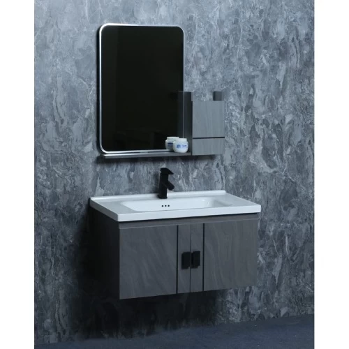 Grey Wood Bathroom Cabinet with Sink, Size 60 cm, Simple Design with Mirror and Medicine Cabinet Grey Wood Bathroom Cabinet with Sink, Size 60 cm, Simple Design with Mirror and Medicine Cabinet